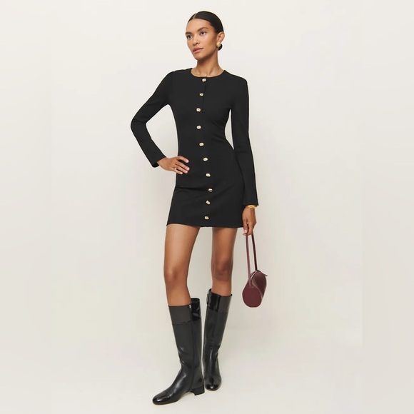 Reformation Micah Knit Dress Black Long Sleeve Dress with Gold Buttons - Picture 5 of 11